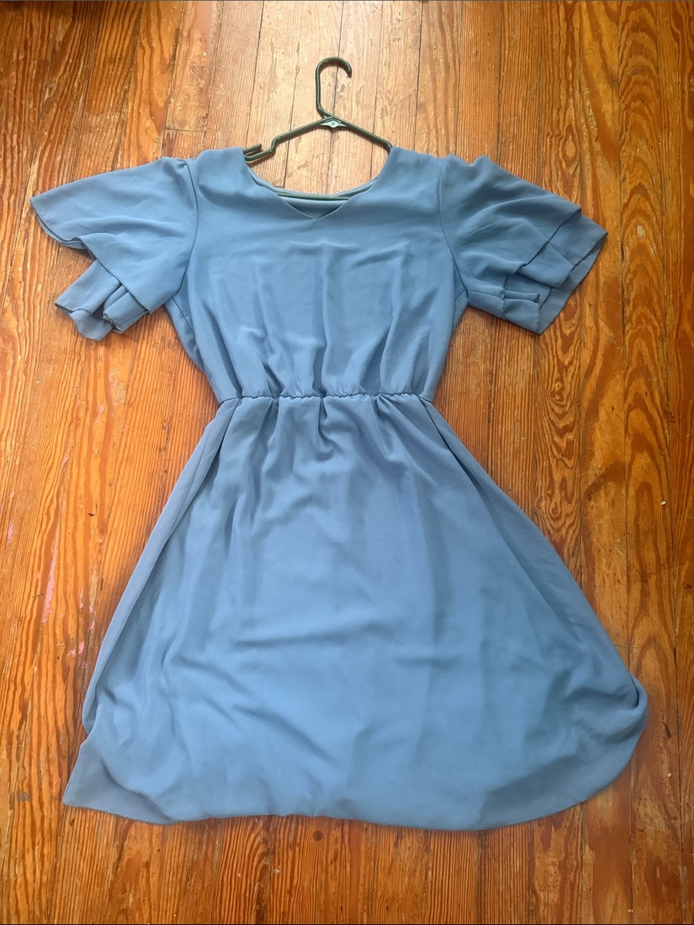 Dusty Blue Midi Dress with Tiered Short Sleeves